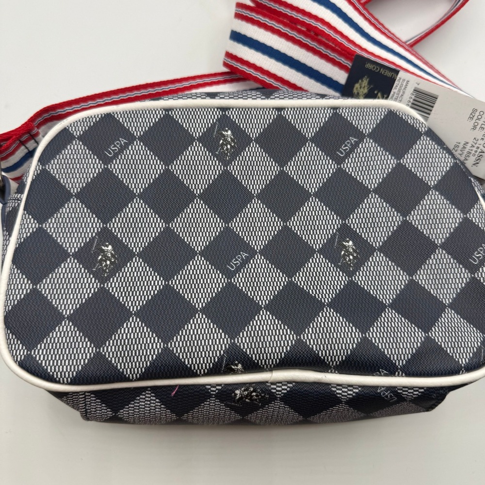 US Polo Assn Crossbody Bag Navy White Plaid Logo Strap Zipper Top New‎ w/ Tags - Picture 9 of 11